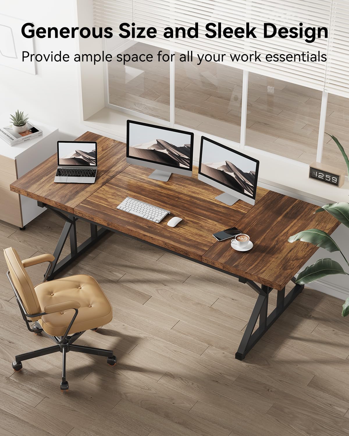 LITTLE TREE 70.8-Inch Large Executive Desk, Farmhouse Computer Office Desk, Wooden Work Desk Writing Table for Home Office, Brown-Black LITTLE TREE