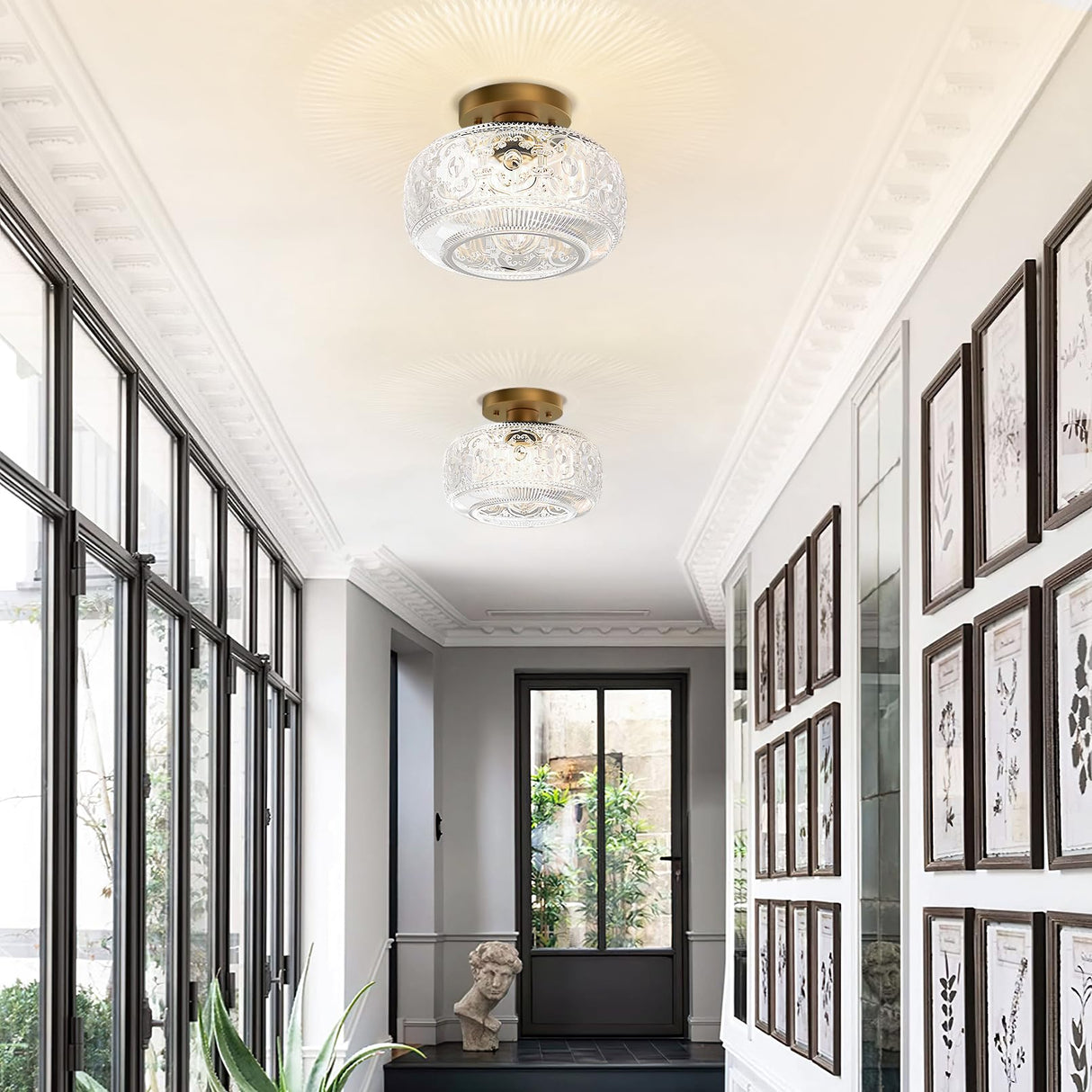 OYKYOHEI Semi Flush Mount Ceiling Light, Gold Vintage Kitchen Ceiling Light Fixture, Globe Glass Close to Crystal Modern Lighting for Hallway Bathroom Bedroom Porch Entryway, Bulb Not Included OYKYOHEI