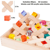 Agirlgle Wooden Rainbow Building Blocks Cube Gem Stacking Blocks Toy - Colorful Montessori Rainbow Stacker Toy Elegant Wood Rainbow Cube Blocks- Acrylic Blocks Educational Toys for Toddlers- 80Pcs Agirlgle