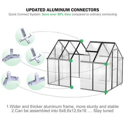 CDCASA 8.2x6.2 FT Greenhouse for Outdoors, Easy Assembly Aluminum Heavy Duty Polycarbonate Greenhouses w/Vent Window, Swing Door, Walk-in Green House for Sunroom Patio, Backyard, Garden,Black