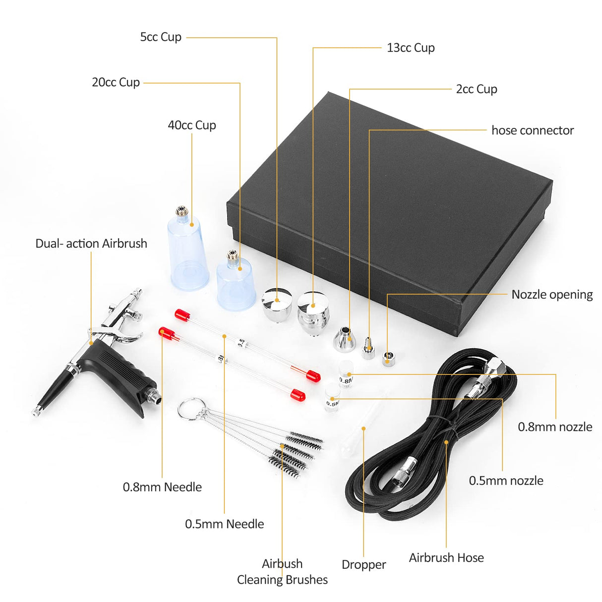 XDOVET Dual-Action Trigger Airbrush Kit Air Brush Painting Set with 0.3mm/0.5mm/0.8mm Needles,2cc/5cc/13cc/20cc/40cc Paint Cup, Air Hose for Tattoo, Makeup, Nail, Model, Art Hobby - for Pro & Beginner XDOVET