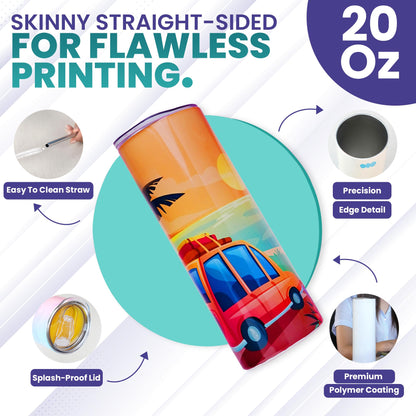 TAVIFY Sublimation Tumblers 20 oz Skinny Pack 12, Straight Double Insulated Polymer Wall for Vibrant Print, Blank Sublimation Tumbler Bulk with Lid, Straw & Shrink Wrap