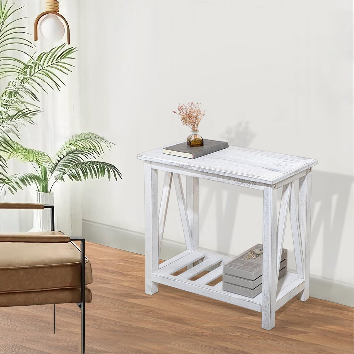 FEUFOAM Narrow End Table Wood Rustic Farmhouse Side Tables with Storage Shelves Narrow Sofa Table for Small Spaces Living Room Bedroom Bathroom Dorm Rustic White FEUFOAM