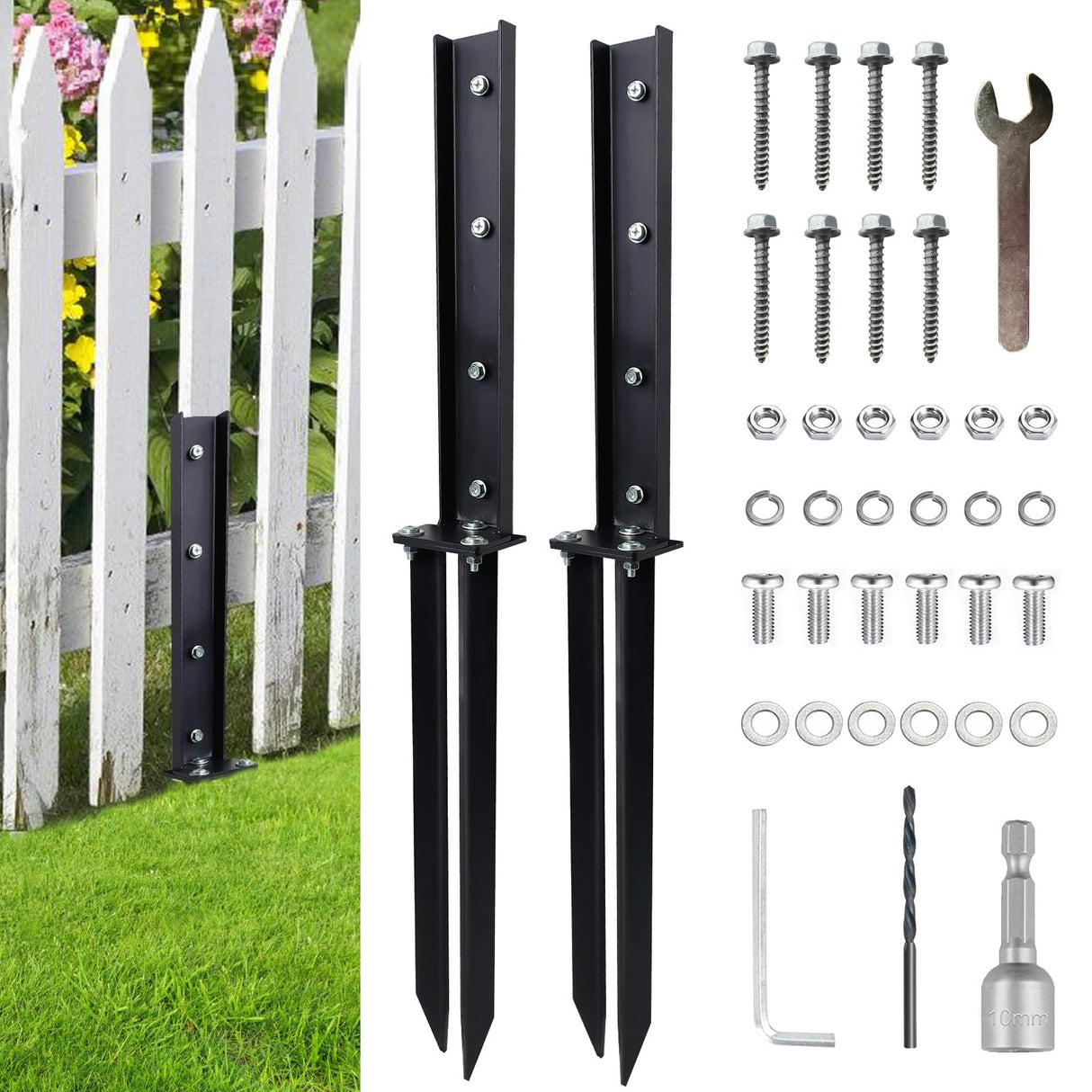 2 Pack Fence Post Repair Kit， Fence Post Anchor Kit, Heavy Duty Steel Fence Post Repair Stakes, Fence Post Anchor Ground Spike for Repairing Tilted Broken Wooden Fence Post, Black YSaekYeo