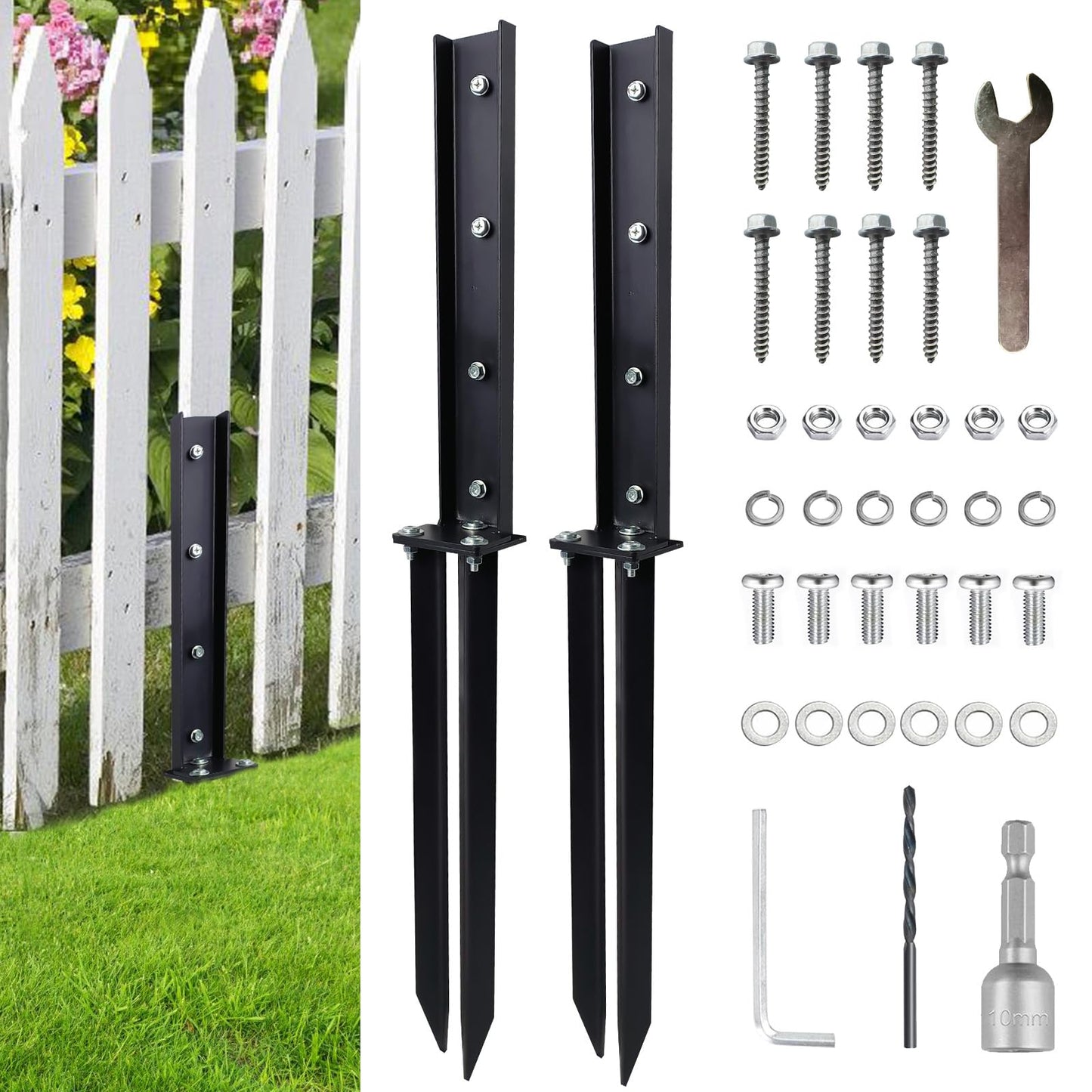 2 Pack Fence Post Repair Kit， Fence Post Anchor Kit, Heavy Duty Steel Fence Post Repair Stakes, Fence Post Anchor Ground Spike for Repairing Tilted Broken Wooden Fence Post, Black - WoodArtSupply