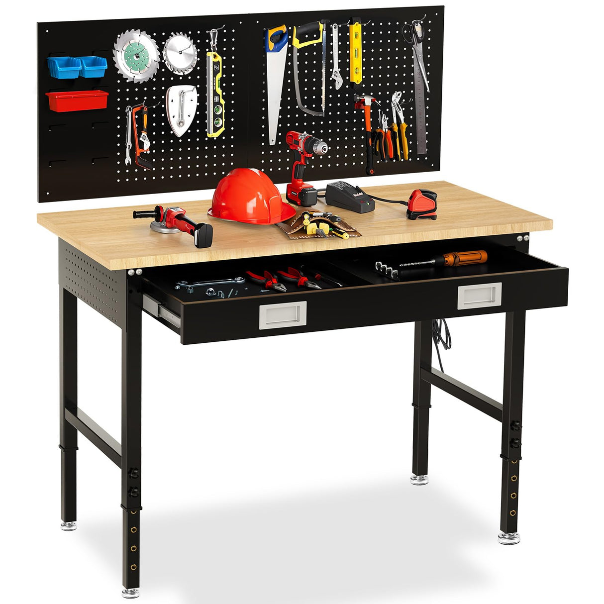 MUWOOD 48" Workbench with Drawers, Adjustable Height Work Bench 2000 LBS Heavy-Duty Work Table Rubber Wood Work Station with Power Outlet & Pegboard for Garage, Office, Workshop, Home, Party Shop MUWOOD