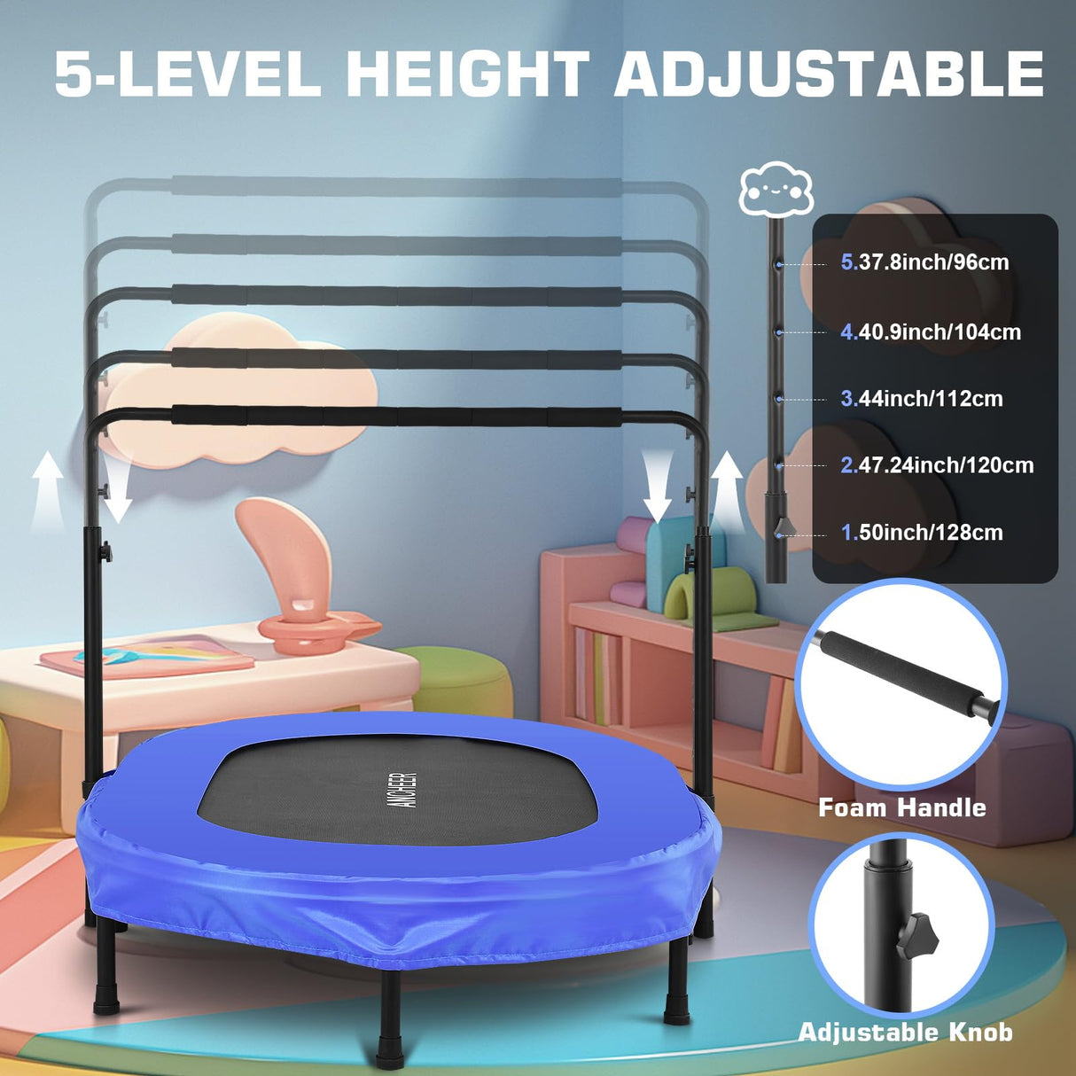 ANCHEER 56" Double Mini Trampoline for Kids, Mini Rebounder with 5-Level Adjustable Handle, Parent-Child Trampoline for Kids, Max Load 220lbs, Fun for Indoor/Outdoor ANCHEER