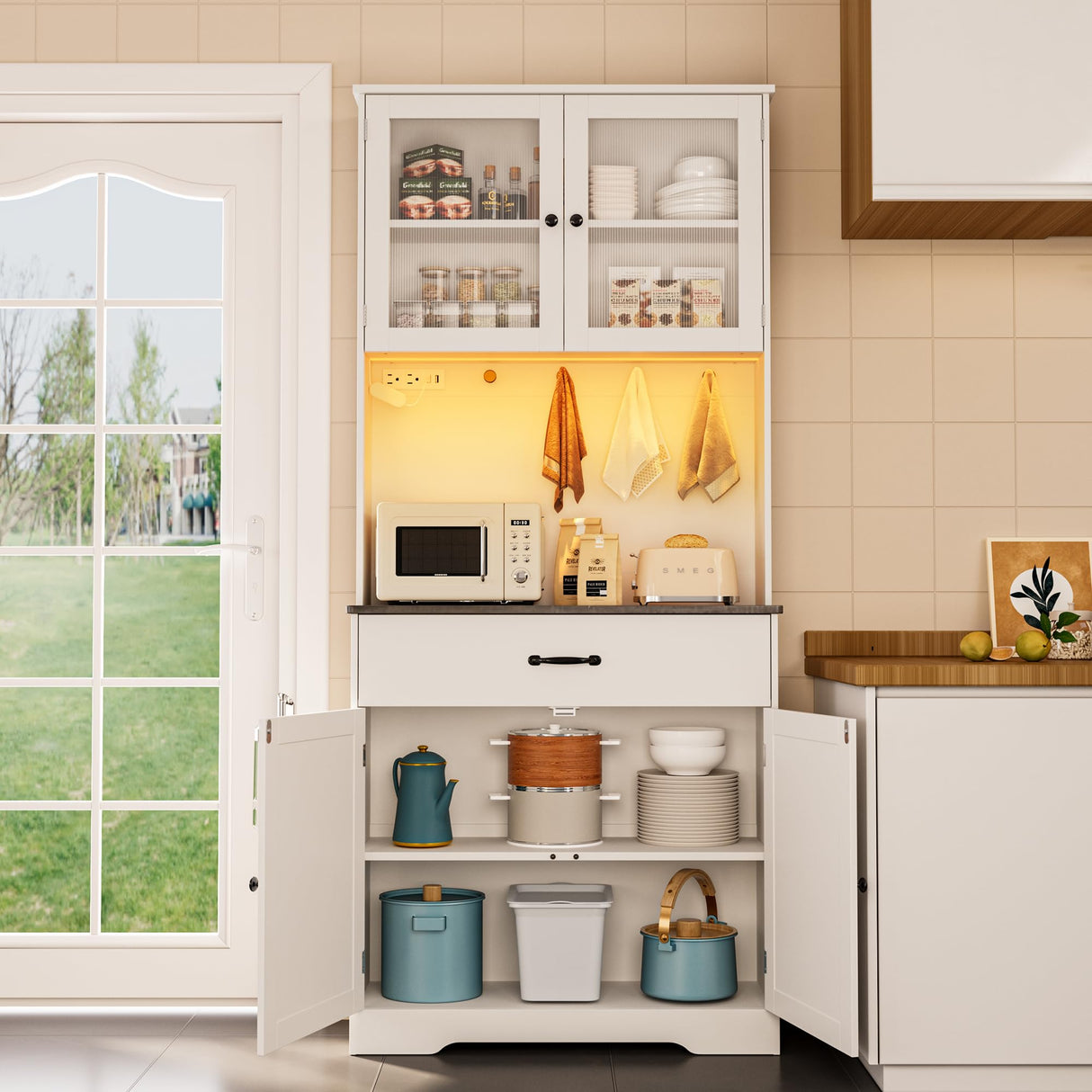 Gizoon 71" H Pantry Cabinet with LED Lights, Tall Farmhouse Kitchen Storage Cabinet with Charging Station, Modern Coffee Bar with Doors and Drawers, for Dining Room, Tabletop-Grey Gizoon