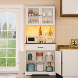 Gizoon 71" H Pantry Cabinet with LED Lights, Tall Farmhouse Kitchen Storage Cabinet with Charging Station, Modern Coffee Bar with Doors and Drawers, for Dining Room, Tabletop-Grey Gizoon