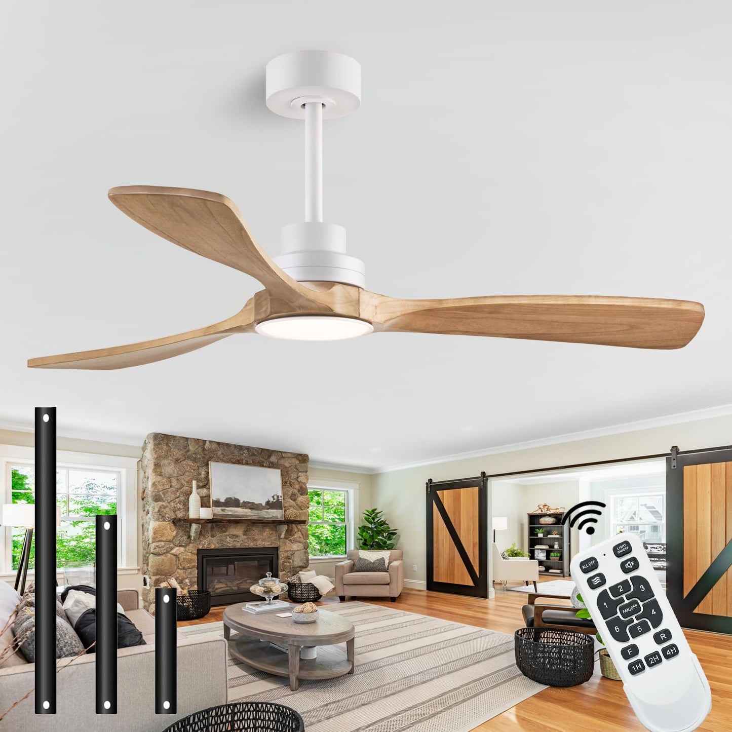 dearnow 52" Wood Ceiling Fan with Light with Remote Control Ceiling Fan with 3 Wood Blades, Solid Wood Ceiling Fan Indoor Outdoor for Dining Room, Living Room, Office, Farmhouse etc.…