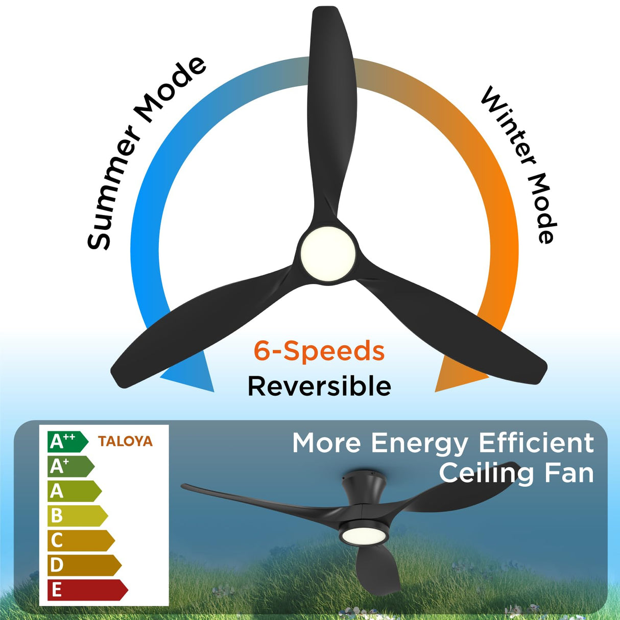 TALOYA 52 Inch Ceiling Fan with Led Light Remote Control Flush Mount Low Profile for Bedroom Farmhouse Patio Outdoor Living Room Kitchen Dining Room,DC Motor,Reversible,Black TALOYA