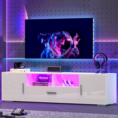 HaiQiwawo LED TV Stand for 75 Inch TV, High Gloss White 75 Inch TV Console Table, Modern Mirrored Entertainment Center with Storage Drawers and Lights for Living Room Gaming Room and Bedroom