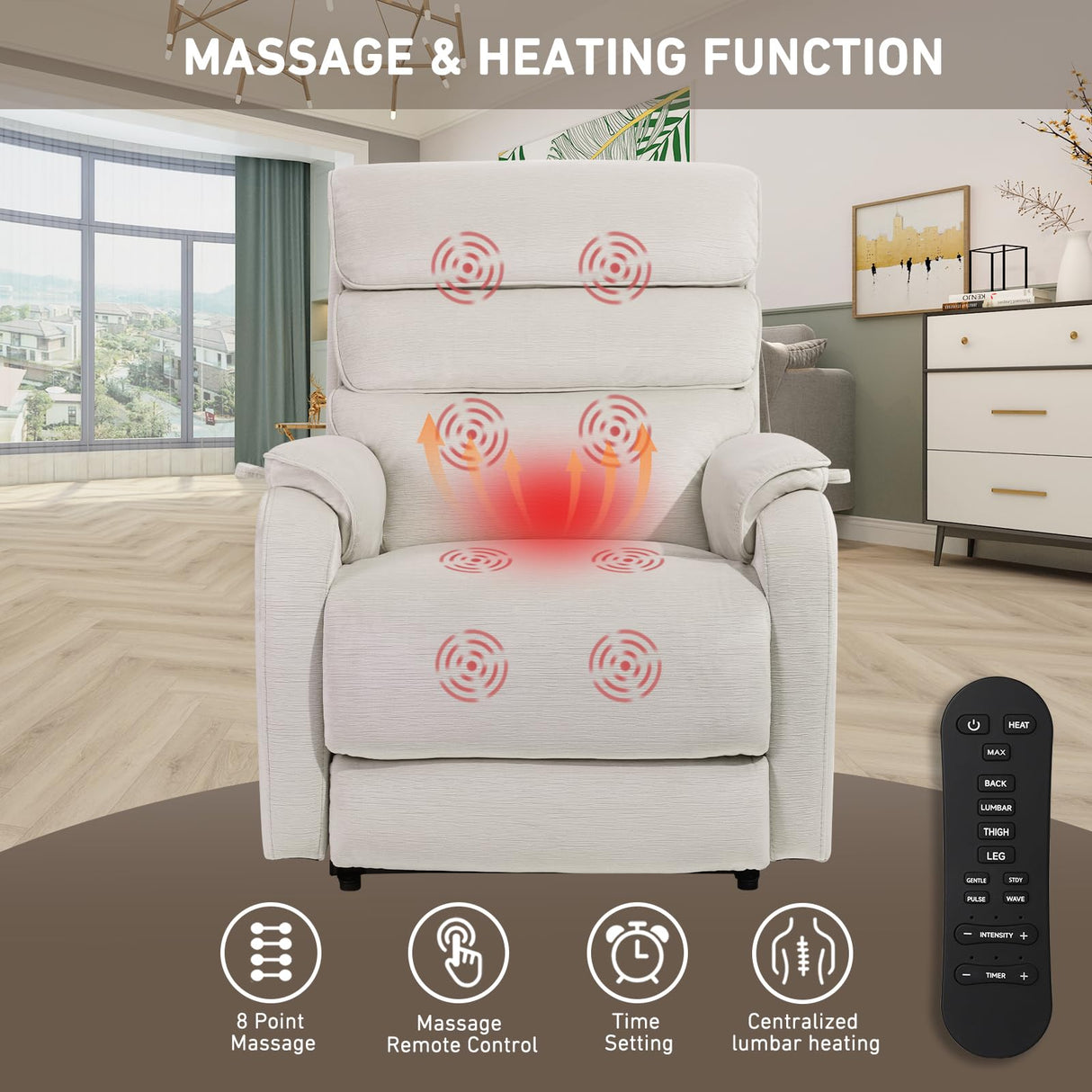 EONIX Wide Lay Flat Power Lift Recliner Chair for Elderly, Heavy Duty Oversized Fabric Lift Chairs Recliner Sofa with Heat and Massage and Charging Ports, Chenille White EONIX