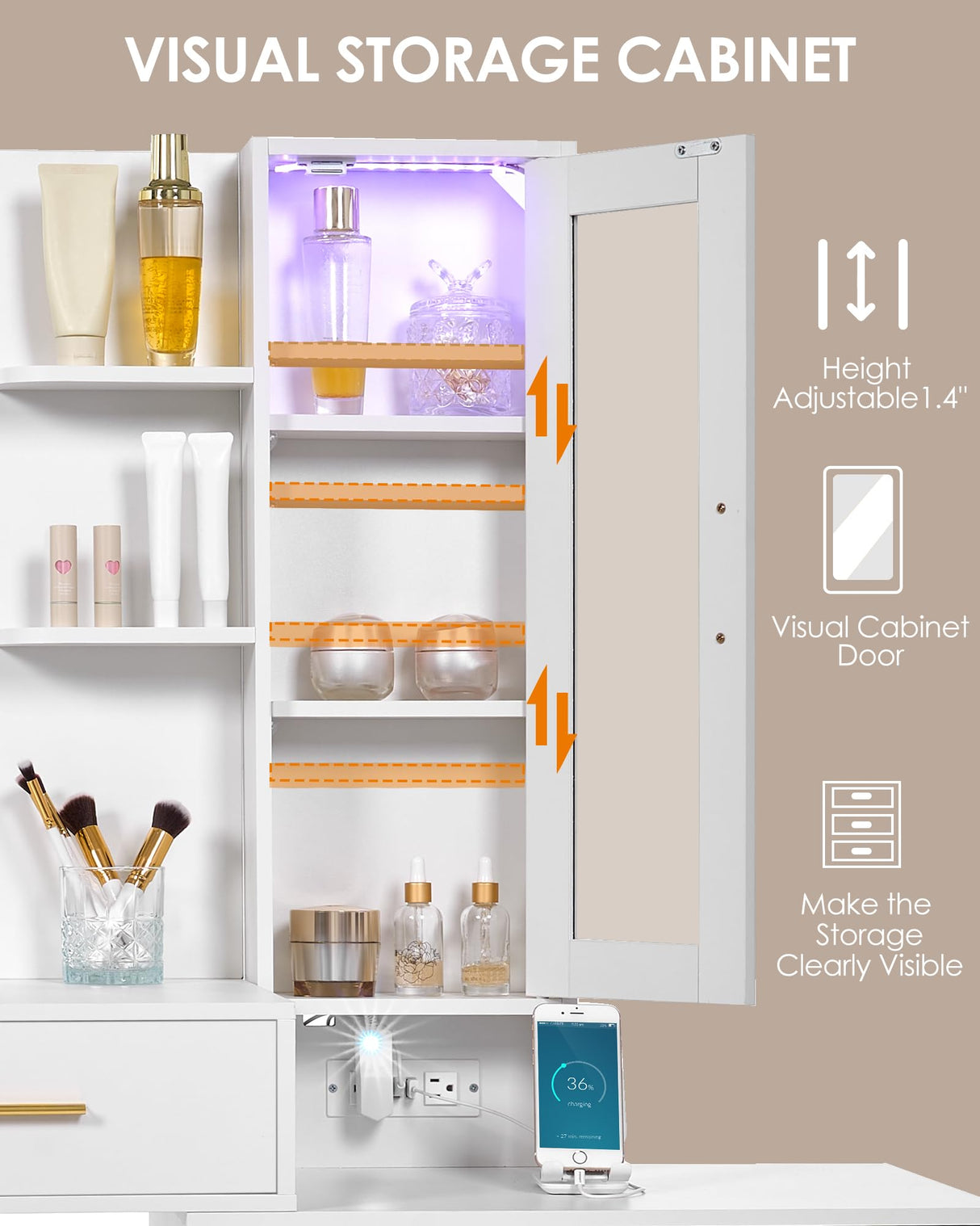 ANWBROAD 51.8" Makeup Vanity Desk with Mirror and Lights White Vanity Table with RGB Cabinets 8 Drawers Power Outlet Large Dresser Dressing Table with Storage Shelves Stool for Bedroom Girls UBDT77W ANWBROAD