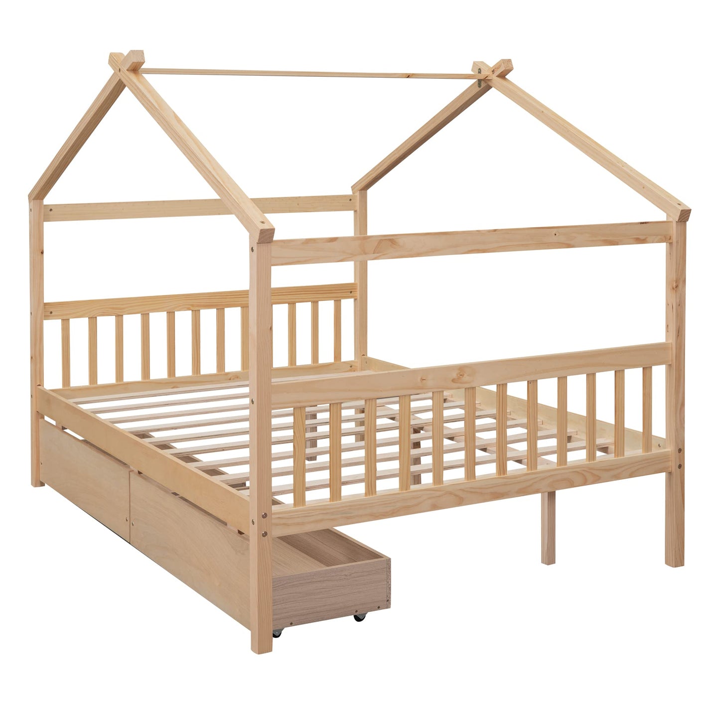 BOVZA Full Size Wooden House Bed with Storage Drawers for Kids - Natural Montessori Design