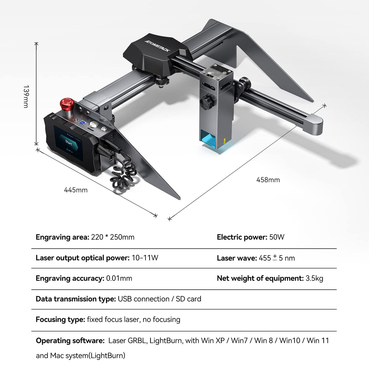 ATOMSTACK P9 M50 Laser Engraving Machine, 10W Laser Module Output, with 3.5 inch Touch Screen & 32-Bit Chipset, Cutting Direct on 20mm Wood, 0.02mm²Laser Spot. ATOMSTACK