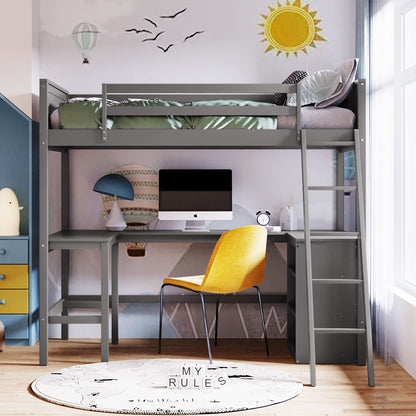 LostCat Twin Size Loft Bed with L-Shaped Desk and Storage Shelves for Kids and Teens - Grey - WoodArtSupply