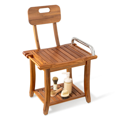 Fun Memories Teak Shower Bench Seat with Handles and Backrest, 19" Solid Wood Shower Stool Waterproof Shower Seat with Storage for Inside Shower Legs Shaving, Seniors Elderly Heavy Duty Fun Memories
