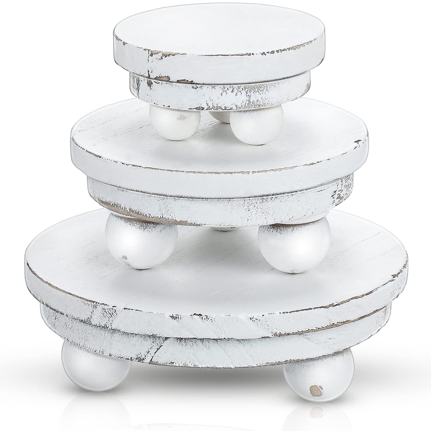 Pedestal Mini Round Riser Stand , Wood, Rustic Farmhouse for Home Kitchen Tiered Tray Decor , 3 Pieces (Washed White, 5/4/3 Inch)