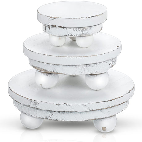 Pedestal Mini Round Riser Stand , Wood, Rustic Farmhouse for Home Kitchen Tiered Tray Decor , 3 Pieces (Washed White, 5/4/3 Inch) Amyhill