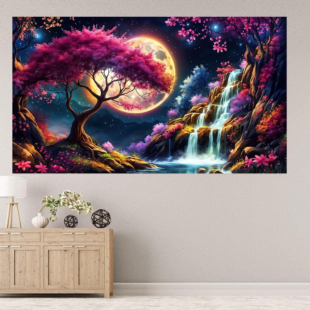 Benjenes 5D Large Size Diamond Painting Art Kits for Adults Diamond Art Waterfall Sakura Landscape Diamond Art Painting Full Drill Craft Kits for Fantasy Home Wall Decor 27.5 x 15.7Inch Benjenes