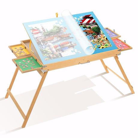 BittPicc 1500 Piece Puzzle Table with Drawers 25"x34" Wooden Jigsaw Puzzle Table with Legs and Protective Cover Adjustable Portable Puzzle Tables for Adult Folding Puzzle Board Table BittPicc