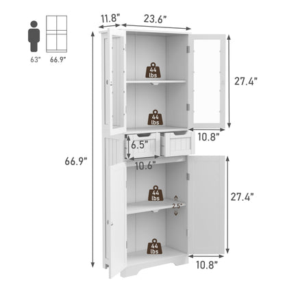 67" Tall White Bathroom Cabinet Bathroom Cabinet Storage Cabinet, Freestanding Storage Cabinet With Glass Door and Adjustable Shelves, Linen Bathroom Cabinet for Living Room, Kitchen, Dining, White