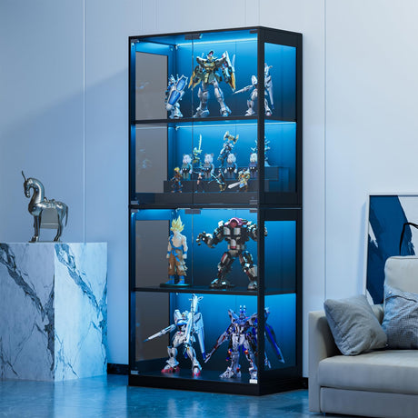DoCred Display Cabinet with Glass Doors, 63" H Figurines Glass Display Case with 6 Color Lights, 4-Tier Curio Cabinet for Collectibles & Bedroom Living Room Office Storage Cabinets, Black DoCred