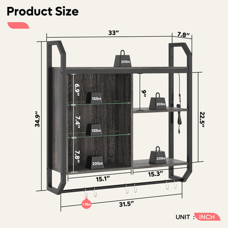 Bestier Gaming Floating Shelves, 34" LED Wall Mounted Shelf with Adjustable Glass Shelf, Pipe Shelves Hanging Display Rack Bookshelf with 6 S-Hook, Gaming Room Decor Wine Coffee Bar Black Bestier