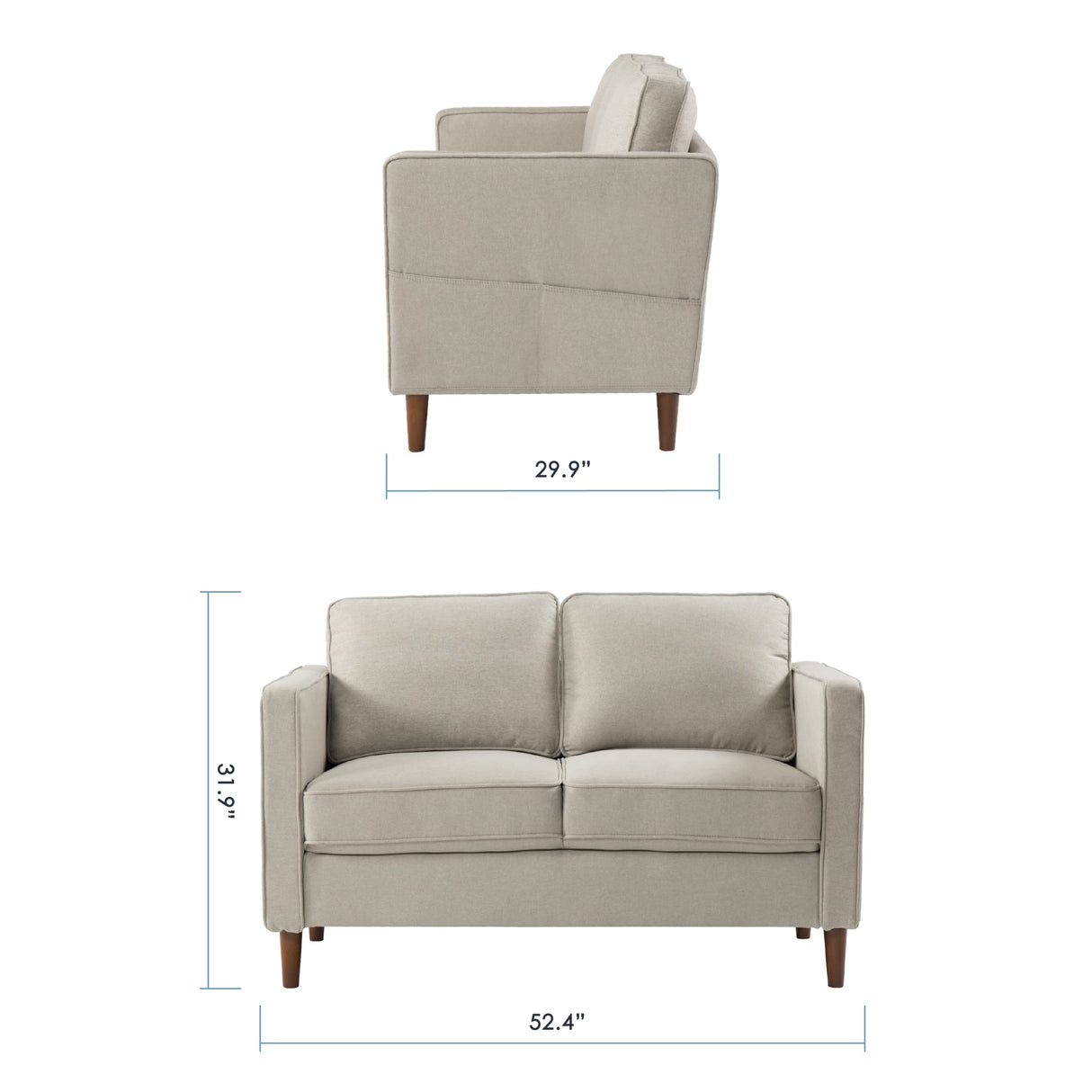 Mellow HANA Modern Linen Fabric Loveseat / Sofa / Couch with Armrest Pockets, Sand Grey Mellow