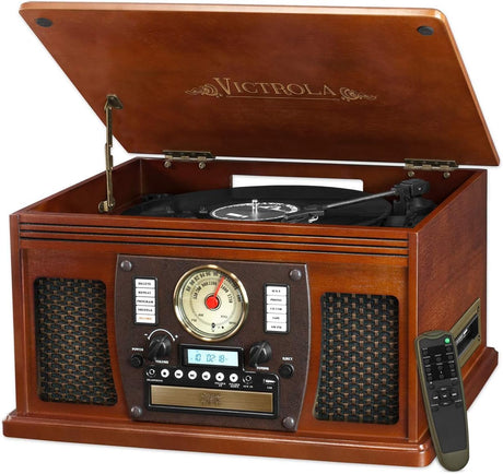 Victrola Navigator 8-in-1 Bluetooth Record Player with Built-in Speakers – 3 Speed, CD Player, Cassette, FM Radio, USB, RCA Out, Headphone Jack, Wireless Music Streaming, Real Wood, Mahogany Victrola