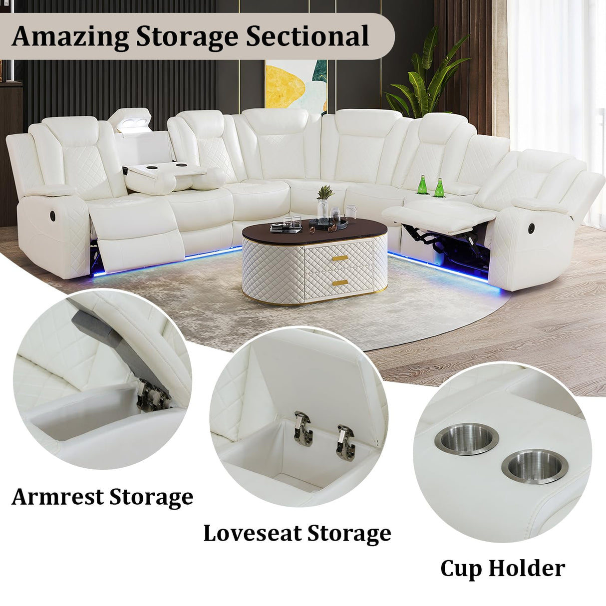 SIENWIEY Power Reclining Sectional Sofa Set with LED Lights, Vegan Leather Recliner Sectional Couch for Living Room Furniture,Wireless Charging/USB Charging/Reading Lamp/Armrest Storage,White SIENWIEY