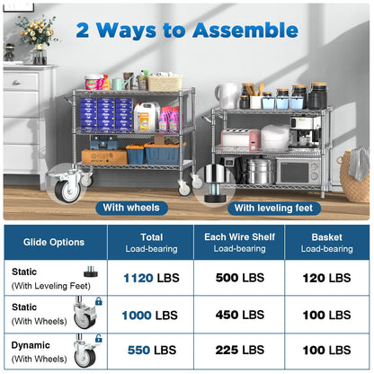 Leteuke 1120LBS Heavy Duty Rolling Utility Cart,3 Tier Rolling Carts with Wheels,NSF Commercial Grade with Handle Bar & Shelf Liners,45"x25"x39"Storage Cart for Kitchen,Restaurant,Plant Display,Chrome