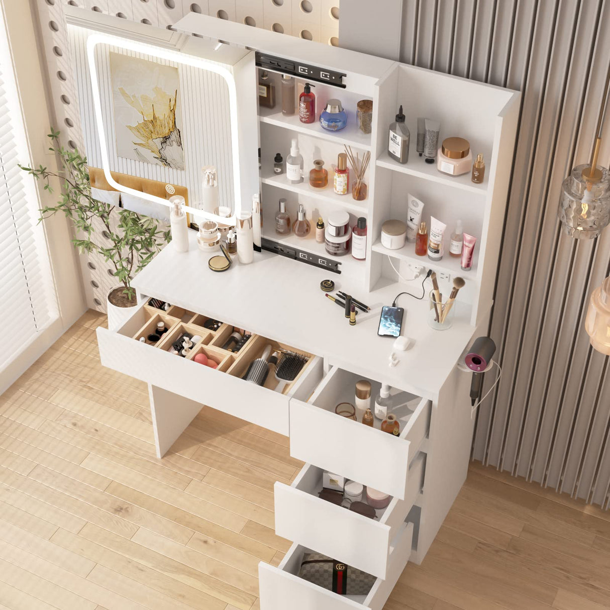 Vabches White Vanity Desk with Mirror and Lights, Makeup Vanity with Lights 4 Drawers, Vanity Table with Power Outlet & Sliding Door, 3 Lighting Colors, 37inch Vabches