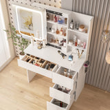 Vabches White Vanity Desk with Mirror and Lights, Makeup Vanity with Lights 4 Drawers, Vanity Table with Power Outlet & Sliding Door, 3 Lighting Colors, 37inch Vabches