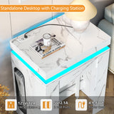 Extendable Dining Table with Charging Station & LED Lights, 19.7" to 98.4" White Faux Marble Dining Table, Rectangle Console Table for 2-8, Modern Space Saving Kitchen Island Table (No Chairs) Gyfimoie