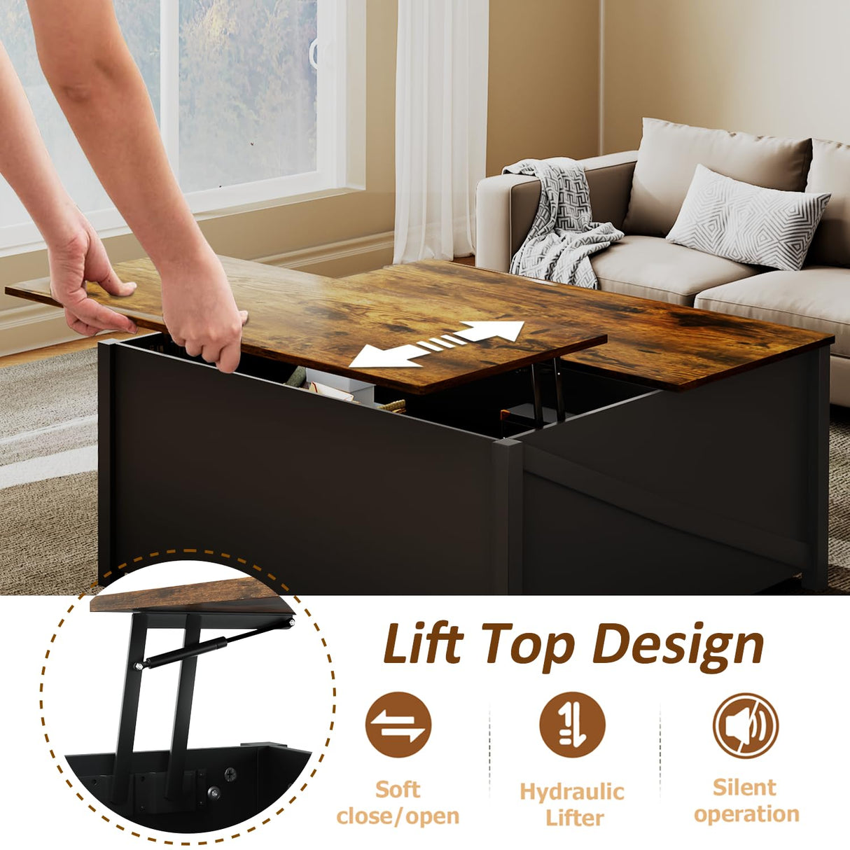 VENDORZ 31" Lift Top Coffee Table with Storage, Black Coffee Table with Lifting Top for Living Room, Farmhouse Coffee Table with Large Hidden Storage Compartment, Living Room Wood Rustic Table VENDORZ