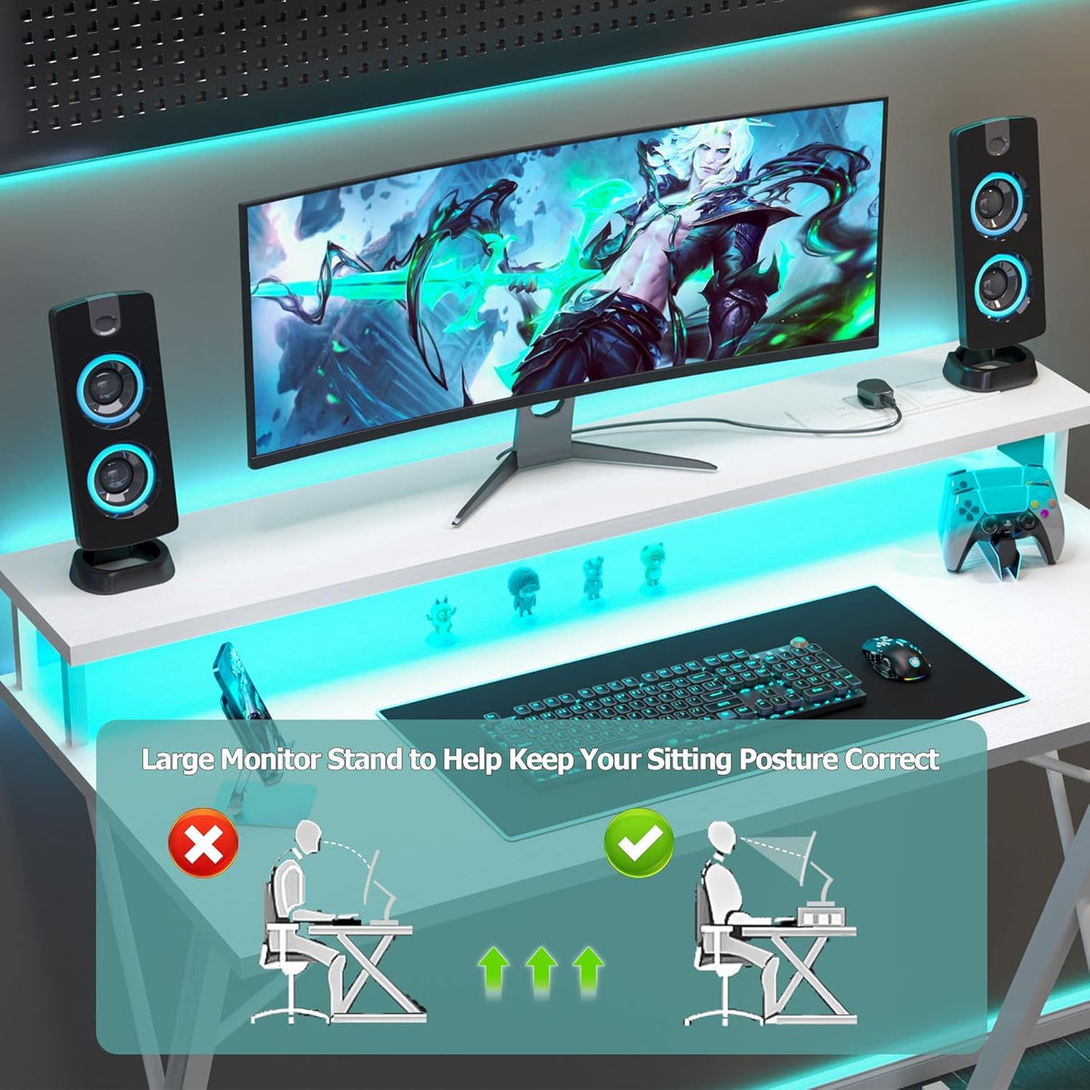 TIQLAB Gaming Desk with Power Outlets & LED 40 Inch Ergonomic Computer Carbon Fiber Surface Gamer Desk, Large Monitor Stand, Headphone Hook, PC Workstation for Bedroom, White Desk TIQLAB
