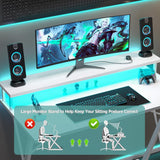 TIQLAB Gaming Desk with Power Outlets & LED 40 Inch Ergonomic Computer Carbon Fiber Surface Gamer Desk, Large Monitor Stand, Headphone Hook, PC Workstation for Bedroom, White Desk TIQLAB