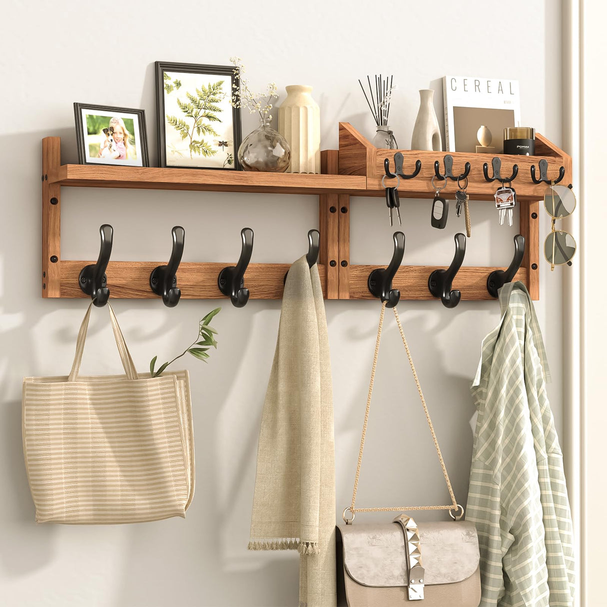 Evermagin 29" Coat Rack Wall Mount with Shelf, 4 in 1 Wall Mounted Coat and Key Hanger with 11 Hooks, Entryway Key Holder with Mail Holder for Living Room, Bedroom Evermagin