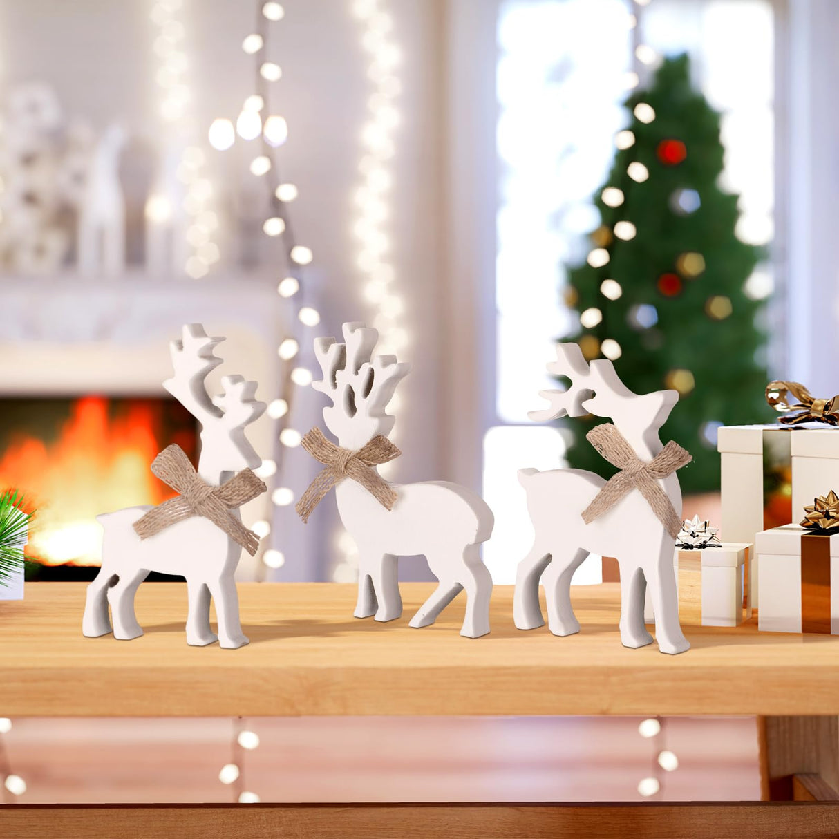 Redbaker 3 Pcs Reindeer Wooden Table Decor Christmas Tiered Tray Decor Farmhouse Tabletop Block Sign Rustic Wood Centerpieces Decorations for Xmas Home Office Table Shelf Decor Redbaker
