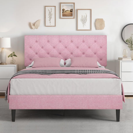 HOMBCK Full Bed Frame with Headboard, Linen Fabric Upholstered Bed Frame Full, Pink Bed Frame with Wood Slats, Button Tufted, No Box Spring Needed, Pink HOMBCK