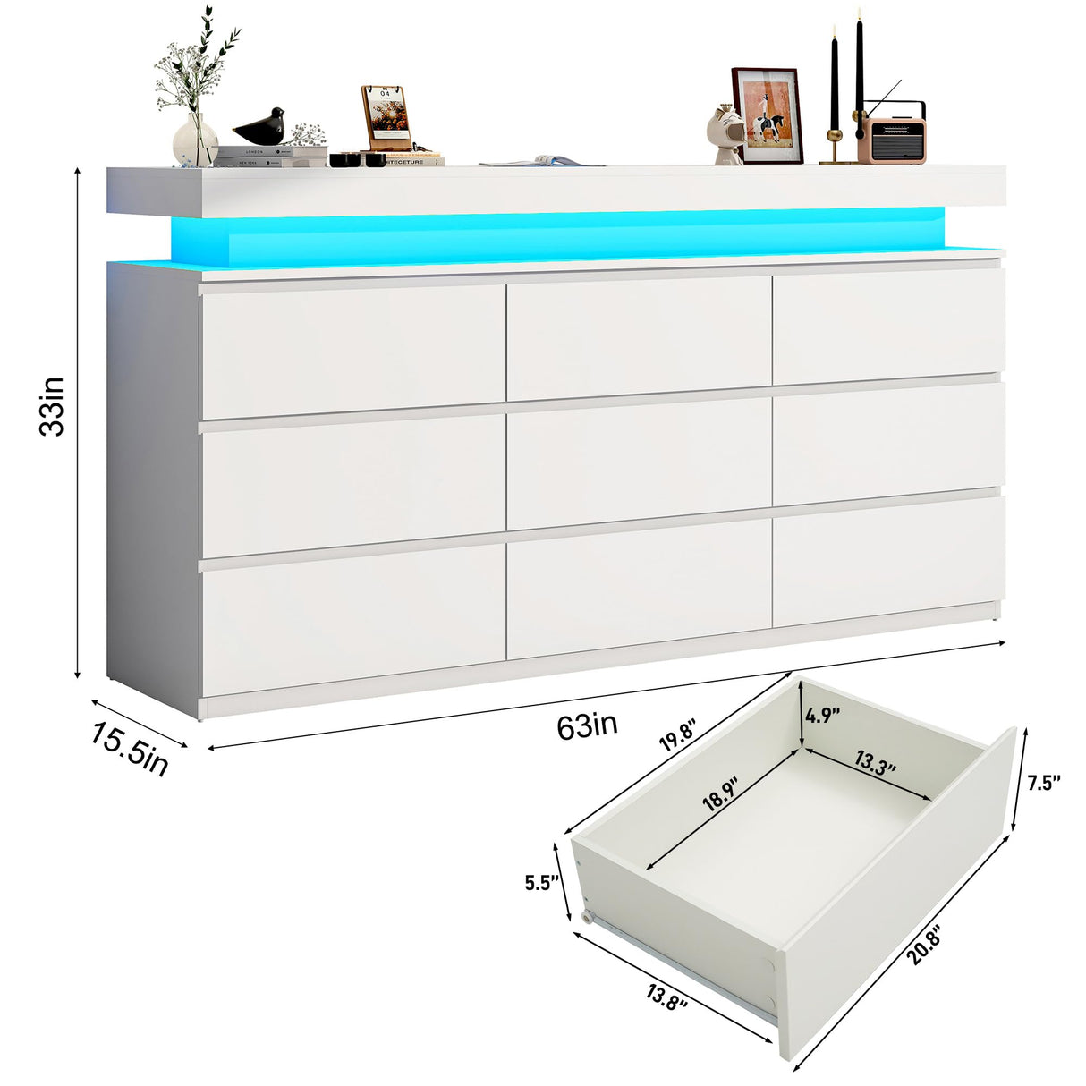 chartustriable 9 Drawer Dresser for Bedroom, White Dresser with LED Lights, Modern Chest of Drawers for Closet, 63" Wide Drawers Organizer Cabinet for Living Room, Entryway, Hallway, White chartustriable