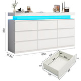 chartustriable 9 Drawer Dresser for Bedroom, White Dresser with LED Lights, Modern Chest of Drawers for Closet, 63" Wide Drawers Organizer Cabinet for Living Room, Entryway, Hallway, White chartustriable