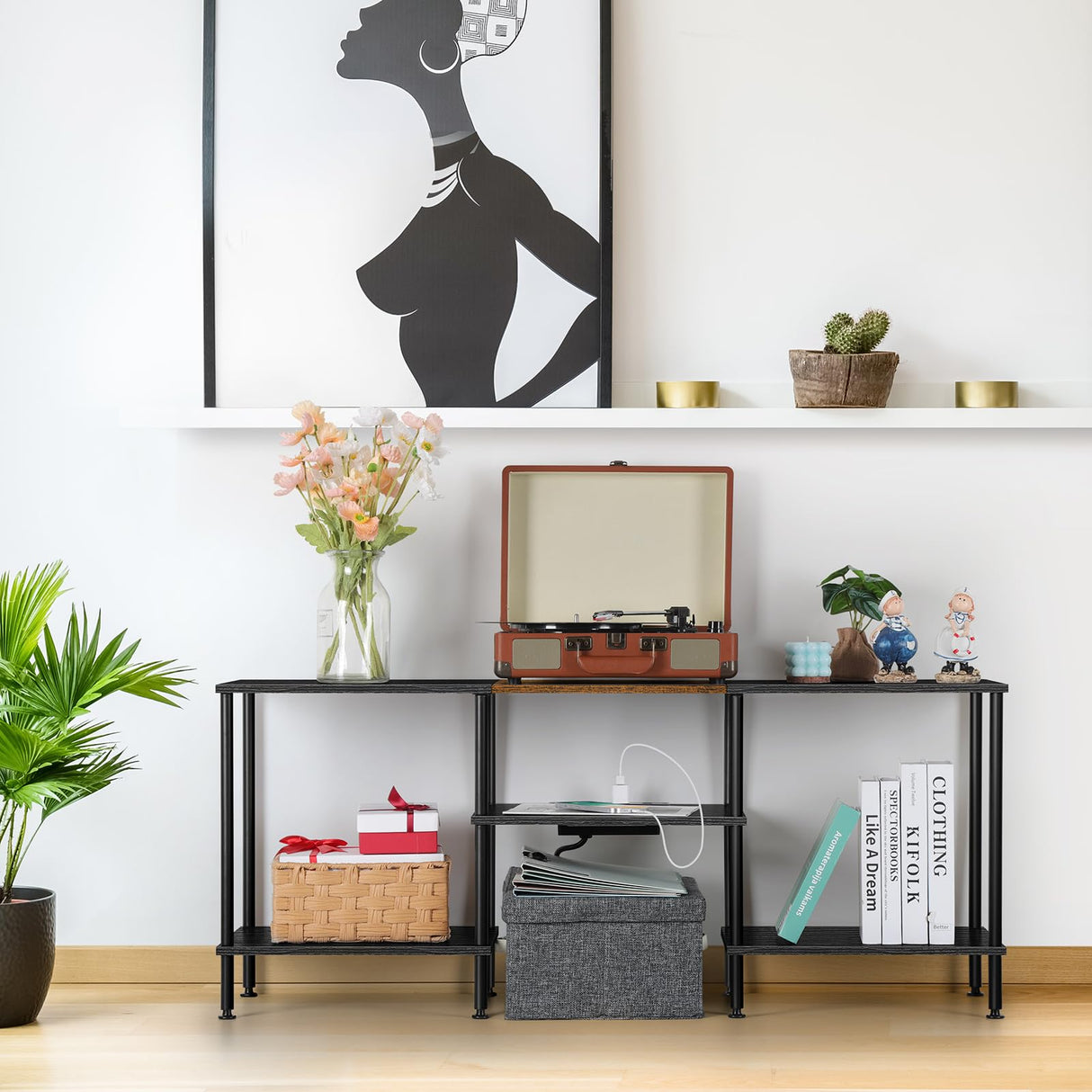 OYEAL Black Bedroom TV Stand with Storage Cabinet up to 50 inch TV, Small TV Console Table with Power Outlets 45 inch Media Entertainment Center for Living Room Bedroom OYEAL