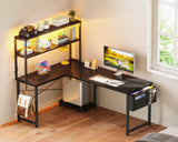 ODK 53 Inch L Shaped Desk with LED Lighting, Reversible Gaming Desk with Power Outlets, Cornor Computer Table with Storage Shelves & Bag & Iron Hook, Home Office Table for Writing, Study, Black ODK