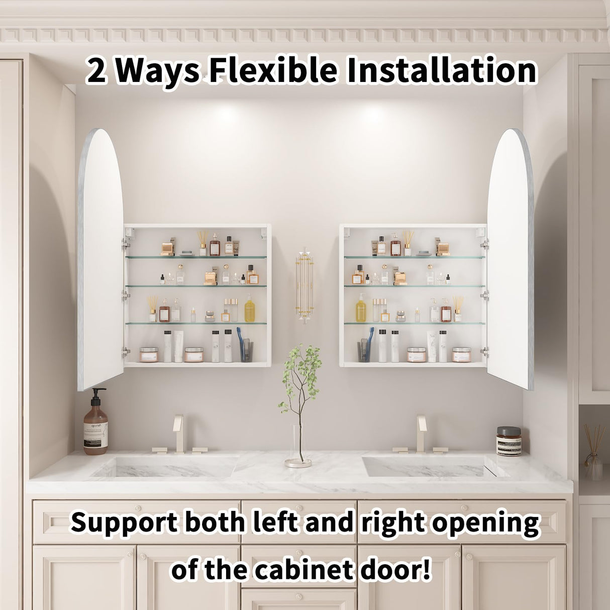 FUNFOLLOW Silver Medicine Cabinet with Mirror,Bathroom Arched Medicine Cabinet Wall Mounted, Modern Vanity Mirror with Storage,Bathroom Storage Cabinet with Adjustable Shelves,Not Recessed,24x36 Inch FUNFOLLOW