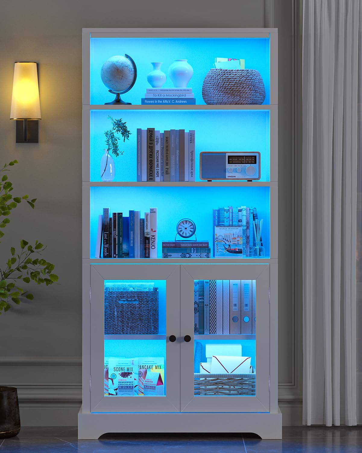 TVU 5-Tier Bookshelf, 65" Bookshelf with Multi-Color Ambient Lights (APP Remote Control), Tall Vertical Display Shelf with Cabinet Doors, Suitable for Living Room, Bedroom, Study, Office, White TVU