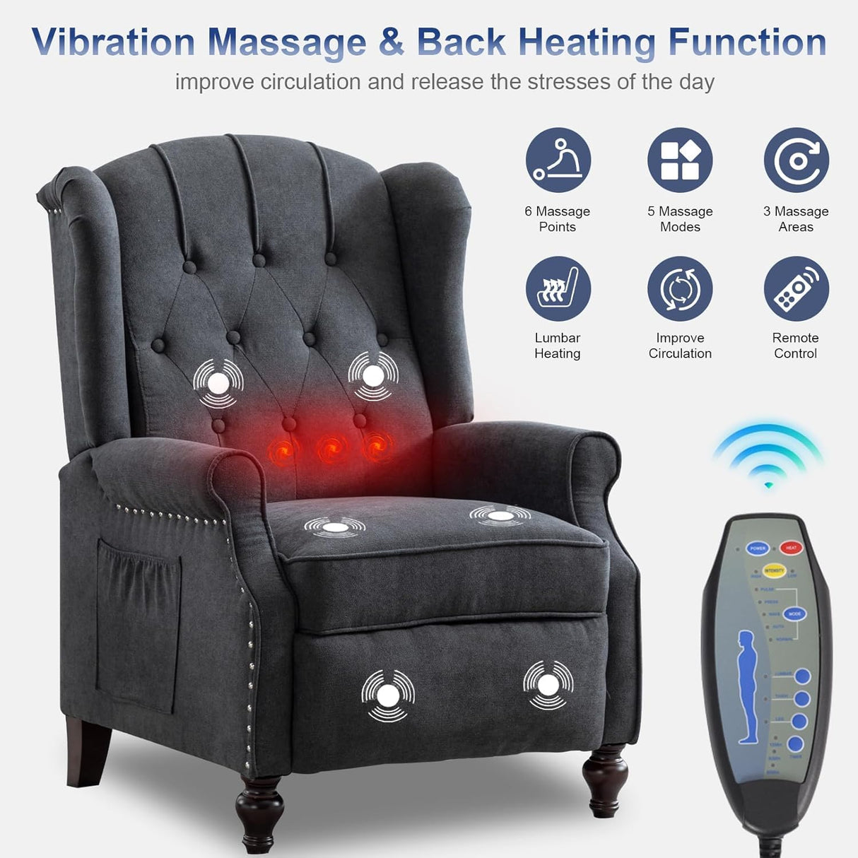 SAMERY Wingback Recliner Chair with Massage and Heat, Push Back Recliner Accent Chair, Modern Tufted Reclining Lounge Single Small Recliner Chair Set of 2 for Small Spaces, Living Room, Office SAMERY