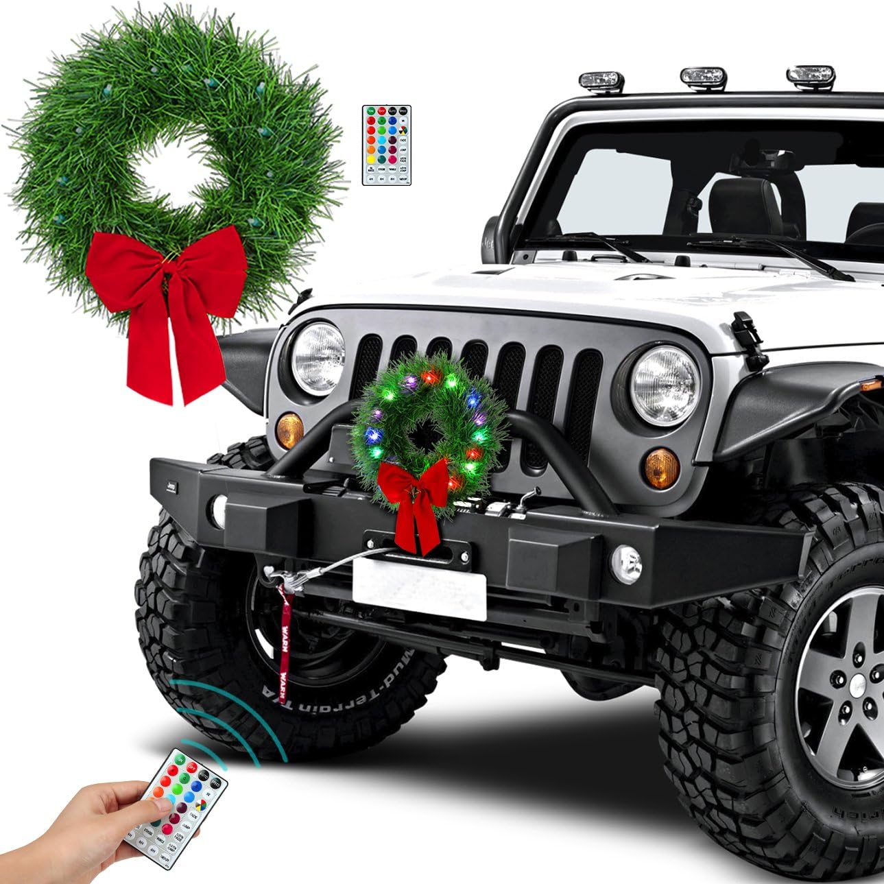 moveland RGB LED Christmas Car Wreath - 16 Colors Changeable Car Artificial Wreath with Remote Control - 12V Plug-in Wreath Lighting with Red Bow - Christmas Car Decoration